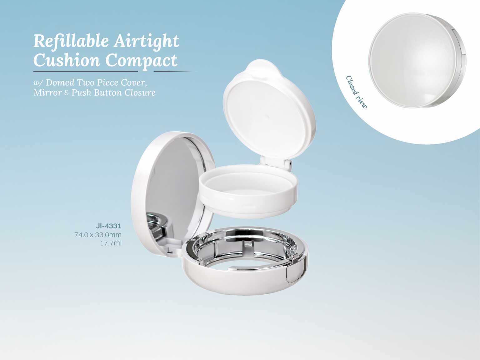 Refillable Airtight Cushion Compact w/ Domed Two Piece Cover, Mirror & Push Button Closure